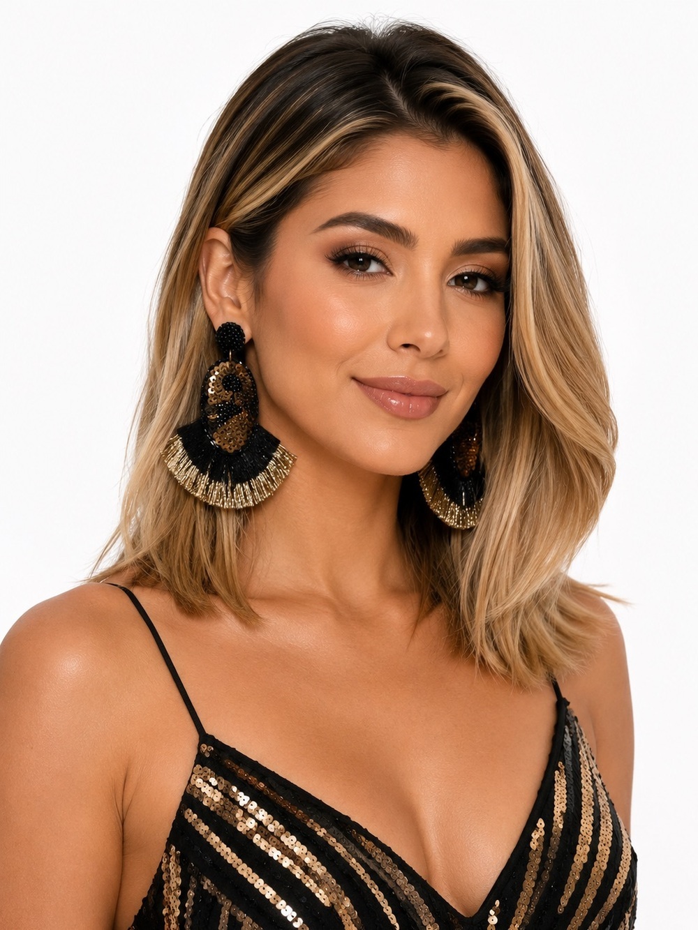 Kay Lee New York Black Gold Beaded Sequin Tassel Statement Earrings